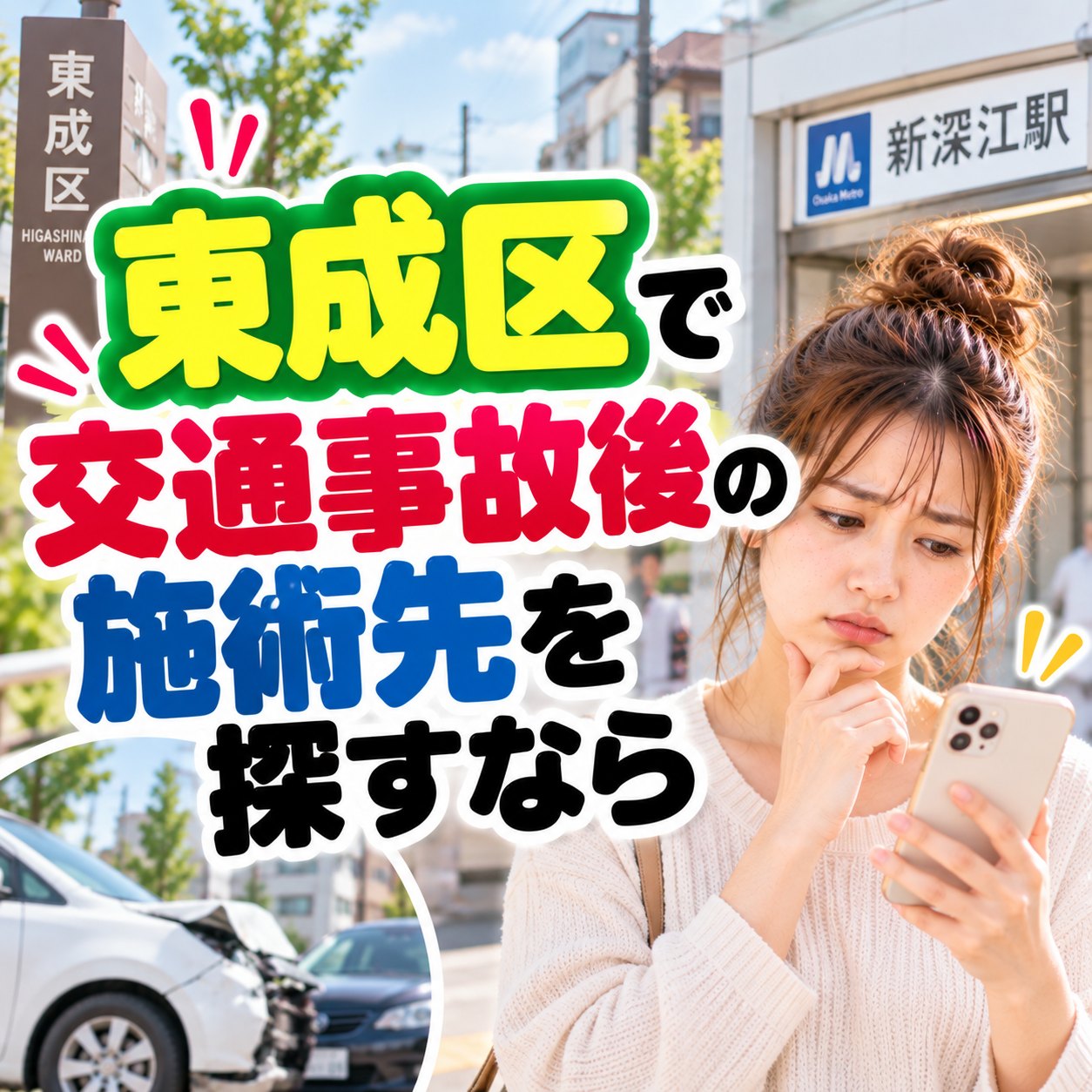 事故のあと、首に手を当てながらスマホで近くの整骨院を探している人｜ひなた整骨院
