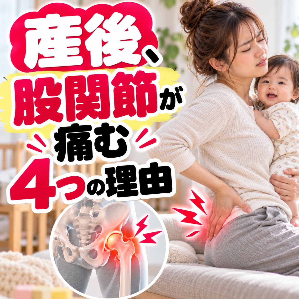 床から立ち上がろうとして脚の付け根をおさえる産後のママ｜ひなた整骨院