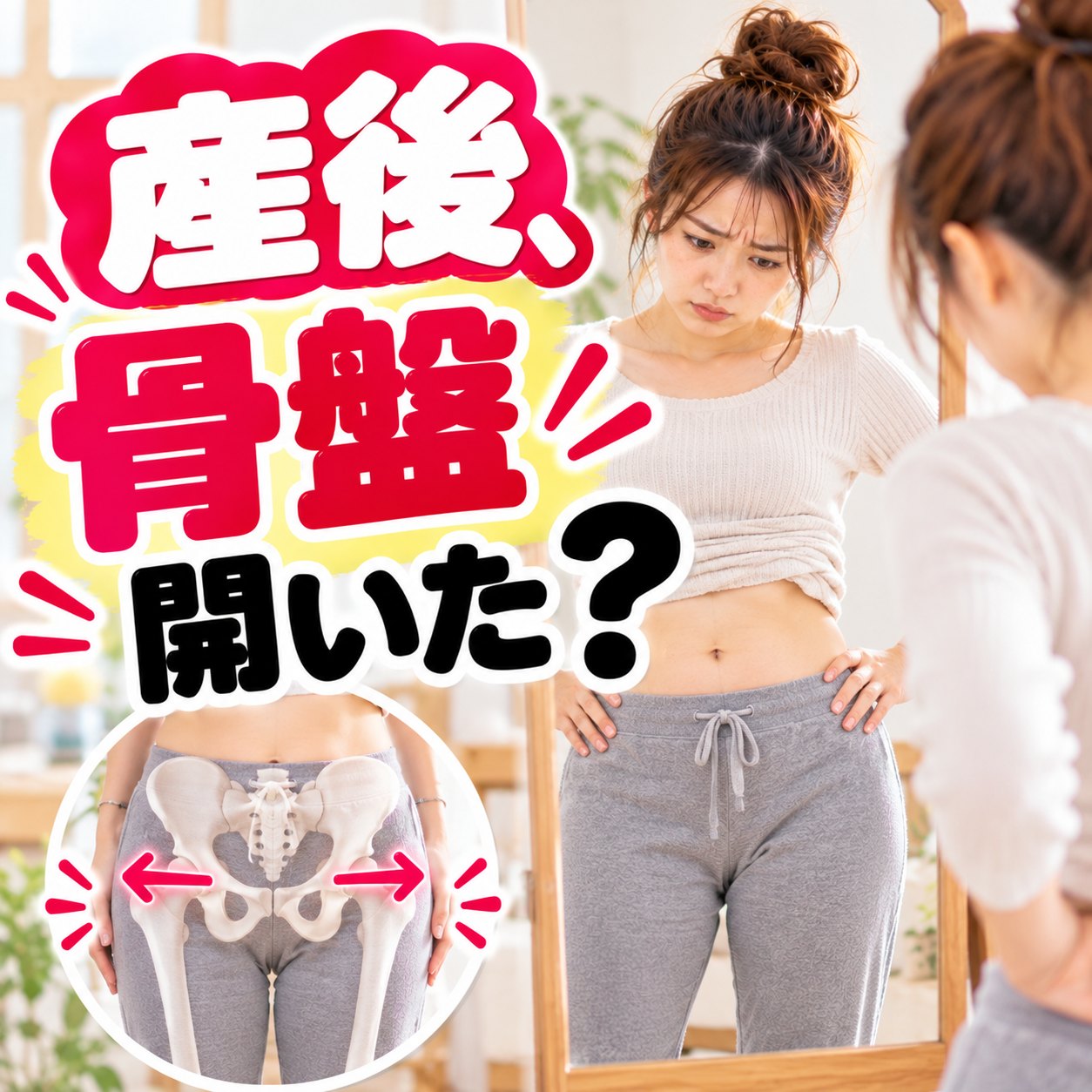 鏡の前で腰に手を当て、骨盤まわりの変化を気にする産後のママ｜ひなた整骨院