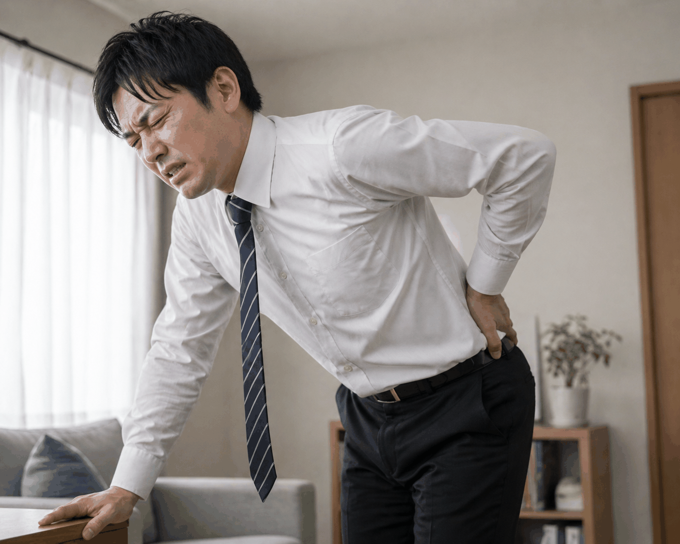 腰痛で前かがみになる男性