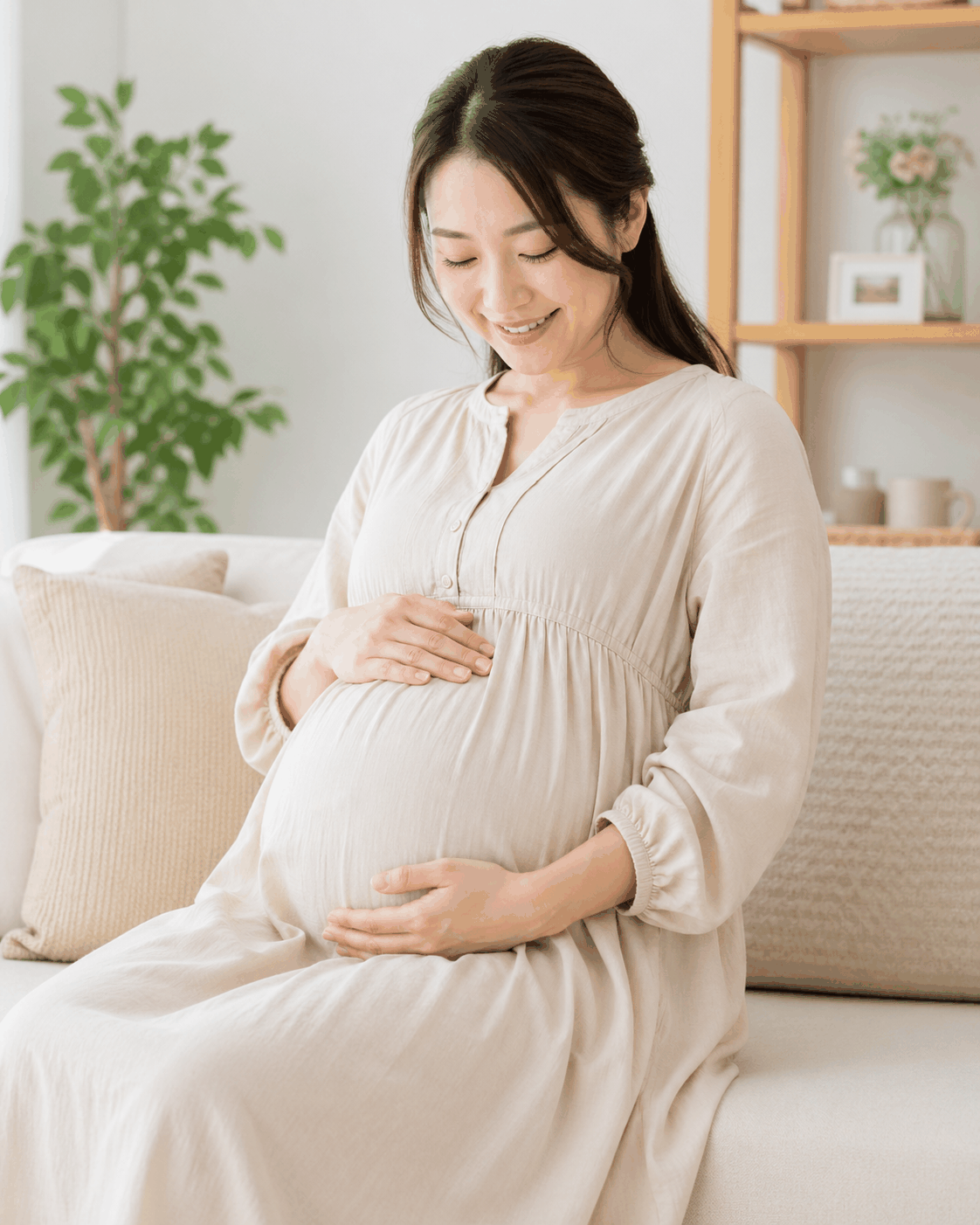 お腹に手を当てる妊婦さん
