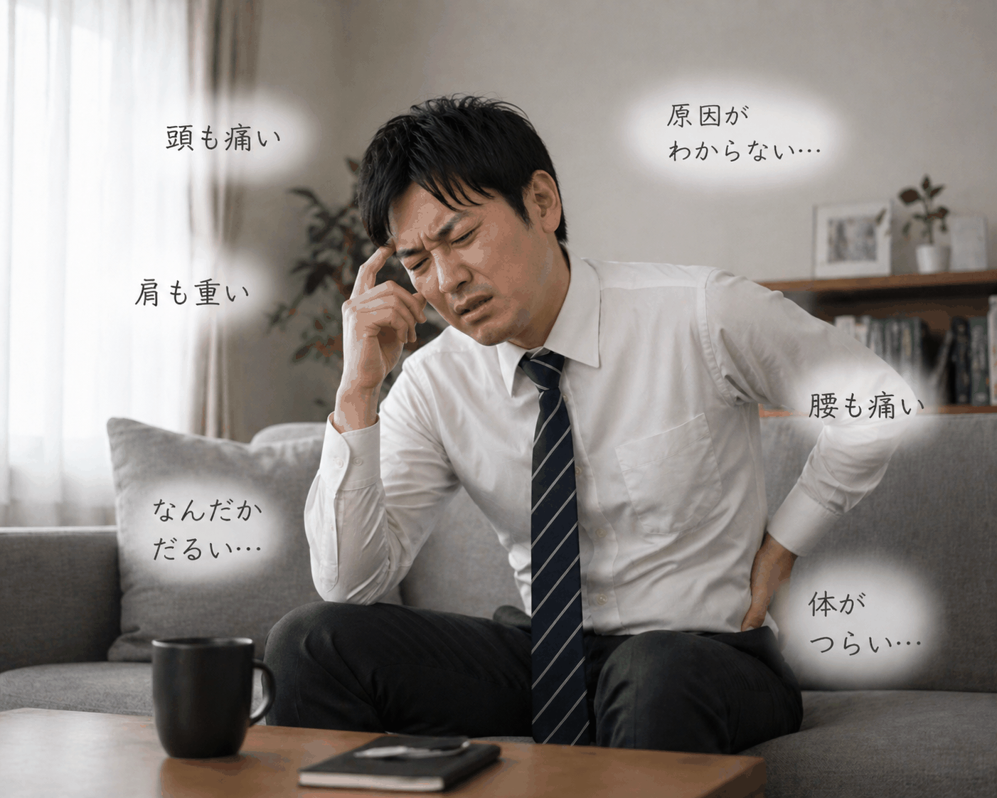 原因がわからない不調に悩む男性